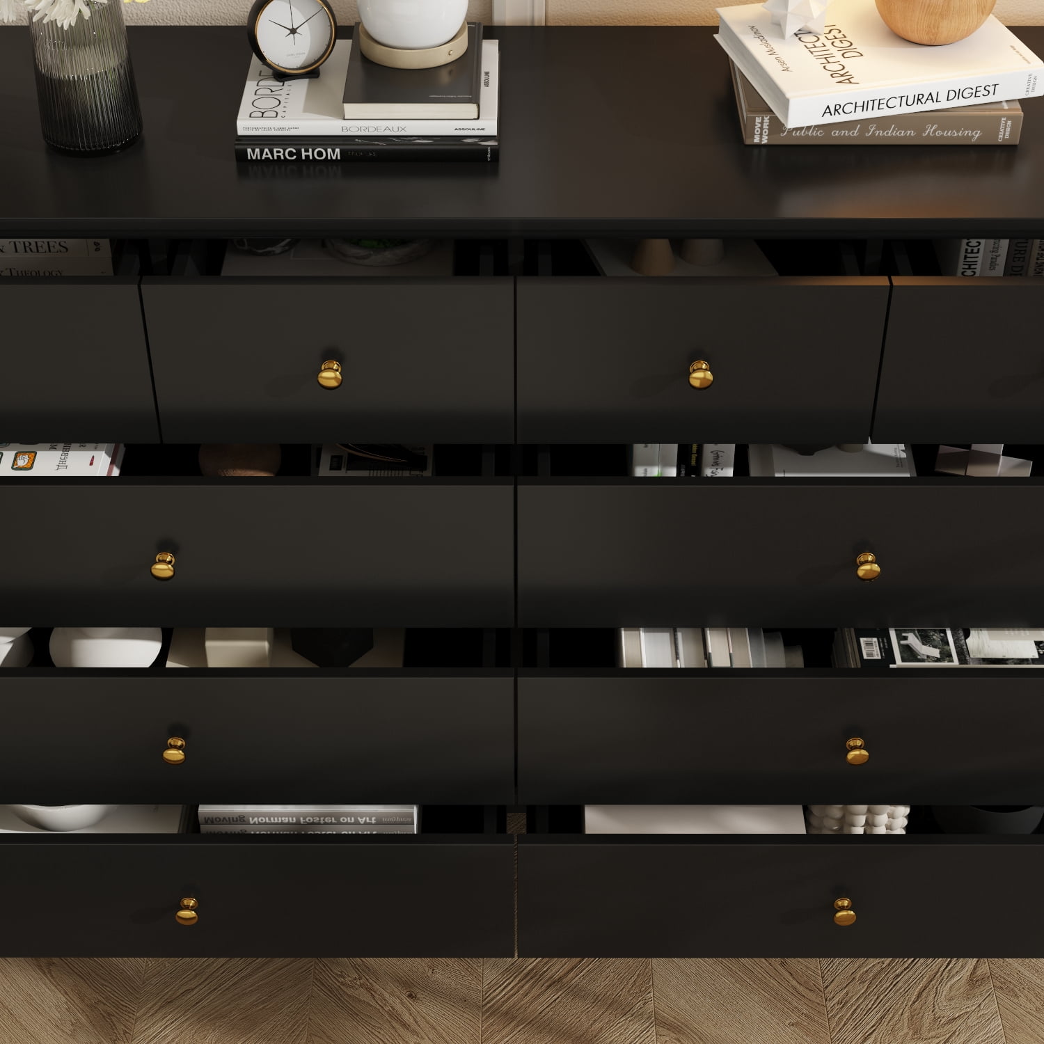 KULAGAGA  Dresser with 10 Drawers, Wood Storage Chest of Drawers for Bedroom Living Room Hallway, Black
