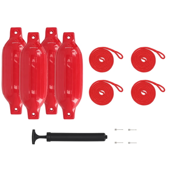 Rockville FEN445-RED Boat Fender Package, 4 Bumpers 4.5in x 16in, 4 Lines, 1 Pump