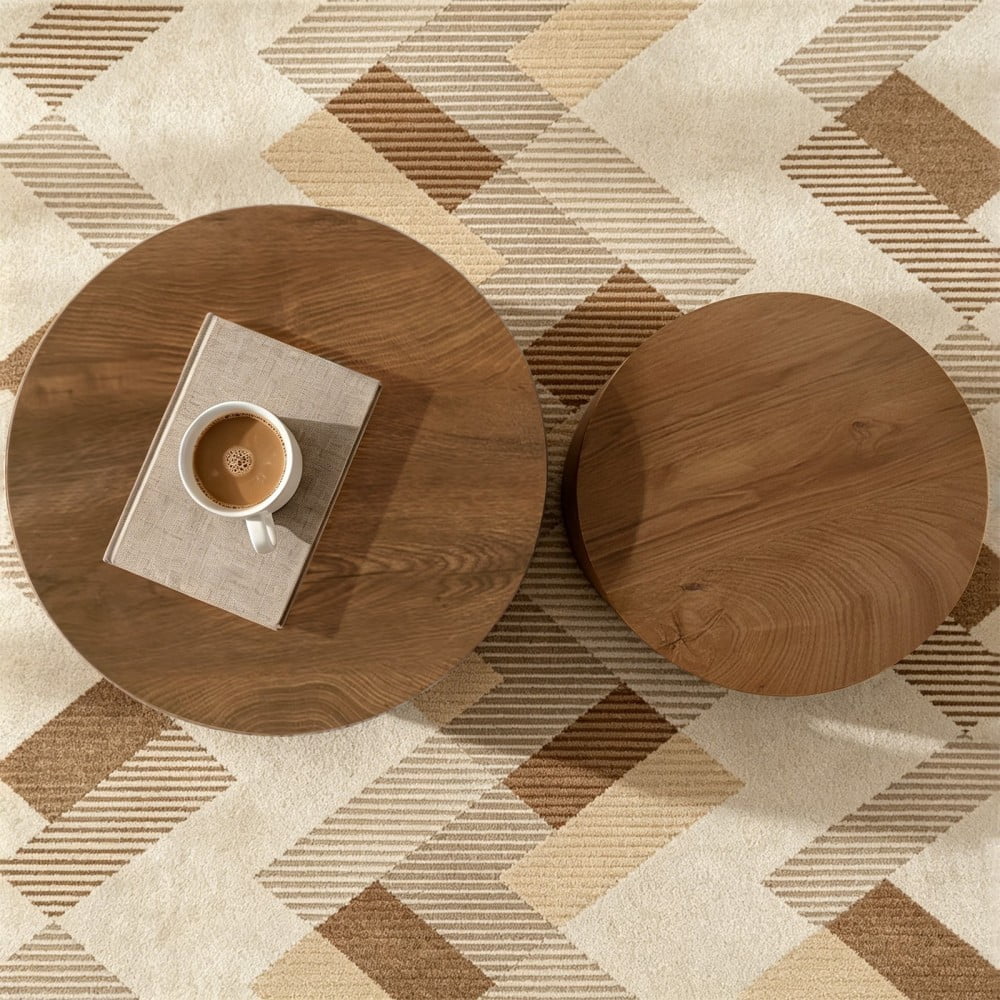 Nesting Coffee Table Set of 2, Modern Round Wood Side Tables with Non-Slip Feet, Small End Tables for Living Room, Bedroom, Office, Balcony, Small Spaces, Walnut