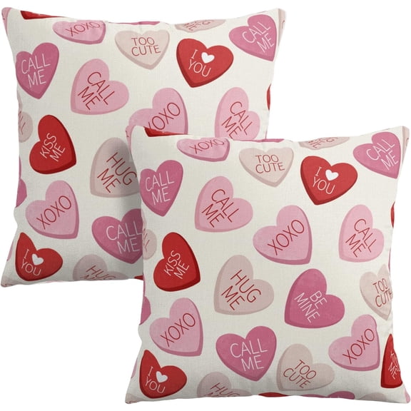 Valentines Conversation Heart Pillow Cover 18x18 Set of 2 Valentines Day Outdoor Red Pink Hearts Throw Pillow Cover Cute Candy Heart Pillows Cases for Living Room Couch Sofa