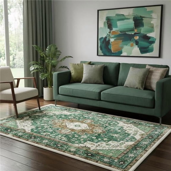 HomeRoots 711244 5 x 7 ft. Green Brown & Ivory Medallion Distressed Washable Rectangle Area Rug