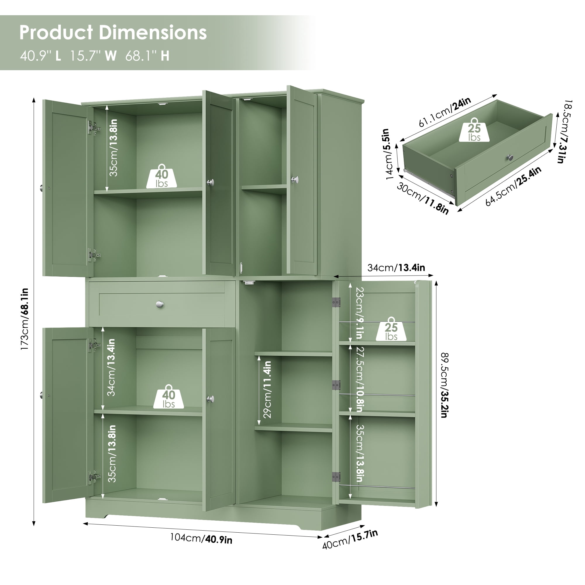 Homfa Kitchen Pantry Storage Cabinet, 68" Food Pantry Cabinet with Drawer and Door Shelf, 6 Door Freestanding Cupboard Buffet for Dining Room, Green