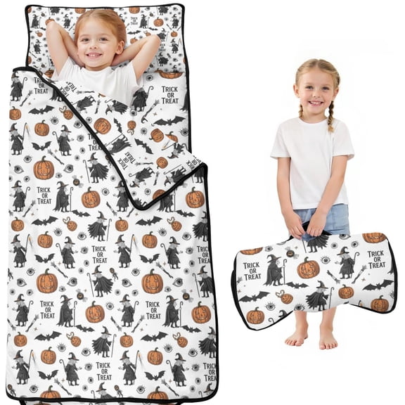 White Halloween Witch Pumpkin Pattern Toddler Nap Mats for Kids Preschool,50"x20" Sleeping Mat Bag or Kids,Toddler Sleeping Bag,Toddler Nap Mat or Daycare