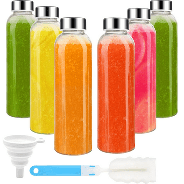 Glass Juice Bottles with Lids 18 oz, Reusable Glass Water Bottles with Stainless Steel Cap for Juicing, Refrigerator, Leak Proof, BPA Free, Glass Juice Bottles Set of 6