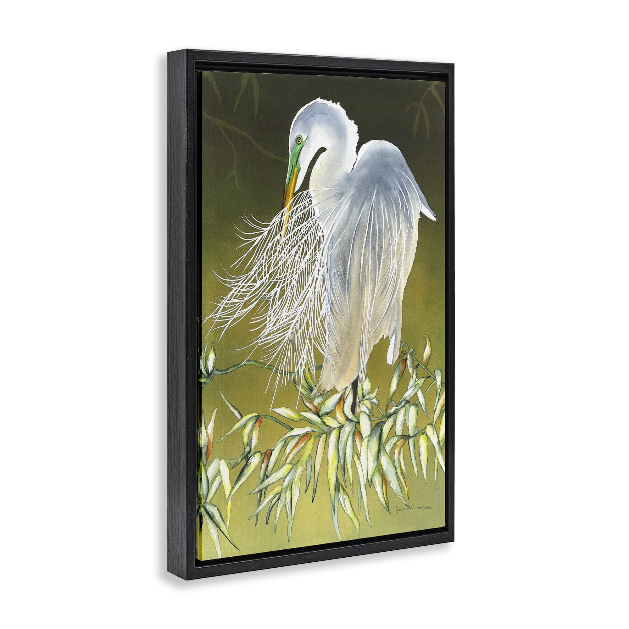 Stupell Industries Heron with Detailed Feathers Animals & Insects Painting Black Floater Framed Canvas Art Print Wall Art, 17 x 25
