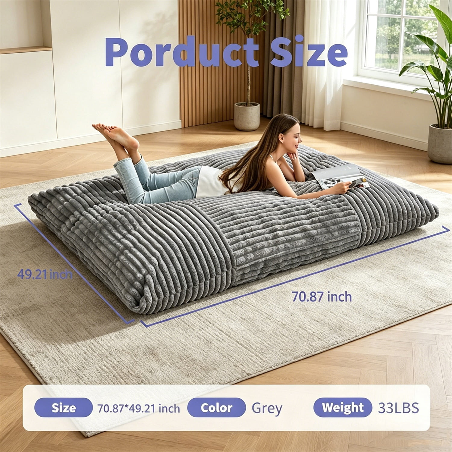 Hommoo Ergonomic Striped Bean Bag Chair, Floor Lounger with Machine-Washable Corduroy Cover, Full-Body Relaxation Sofa for Home, Light Grey