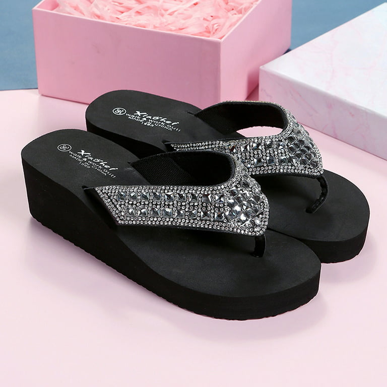 Rhinestone Flip Flop Big Size Crystal Diamond Sandals Wedge Floral Print  Women Platform Slippers Wide Fit Shoes Ladies Slides - AliExpress
