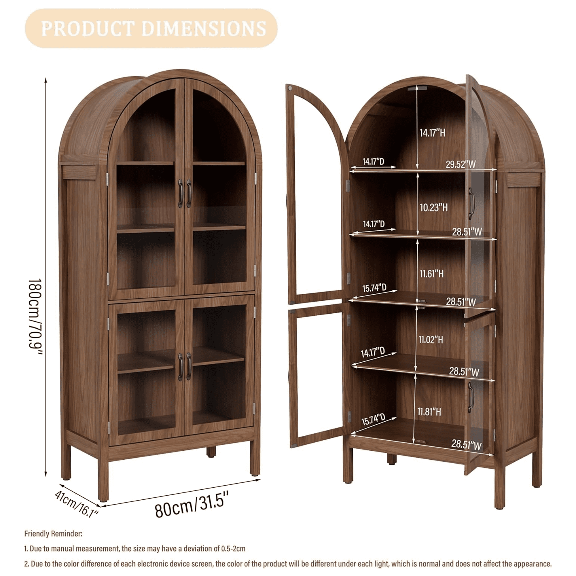 70.9"Tall Arched Display Cabinet with Acrylic Glass Doors, Modern Farmhouse Kitchen Pantry Cabinet, 5-Tier Versatile Cupboard for Living Dining Room(Walnut, 31.5"W)