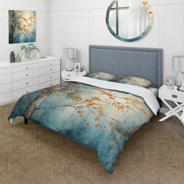 Designart "Orange Blue Maple Tree Glowing Brings II" Ensemble de Literie Florale - Érable Érable Traditionnel Lit Ensemble avec 2 Shams