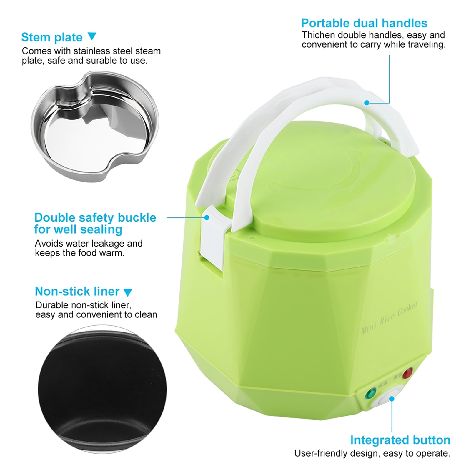 Nieyigj 1.6L Portable Electric Rice Cooker for 24V Truck, Green - 140W Food Steamer and Multicooker for Travel (7.1 inches / 18 cm)