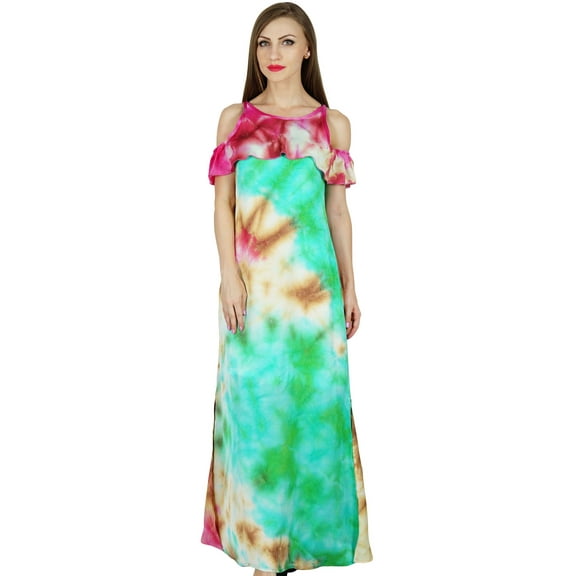 Bimba Women Chic Style Cold Shoulder Maxi Dress Tie Dye Holiday Resort Clothing