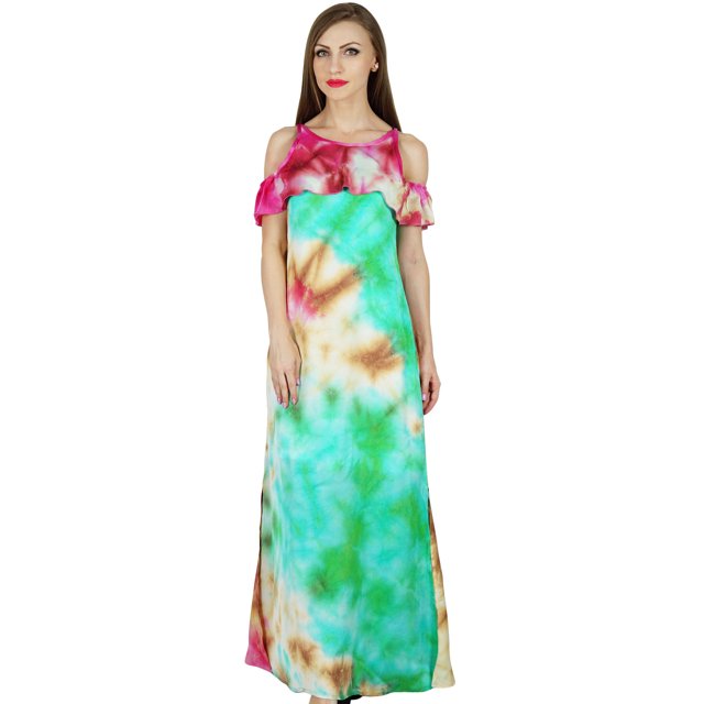 Bimba Robe Maxi Épaules Dénudées Style Chic pour Femmes Teinture sur Nœuds Vêtements de Vacances