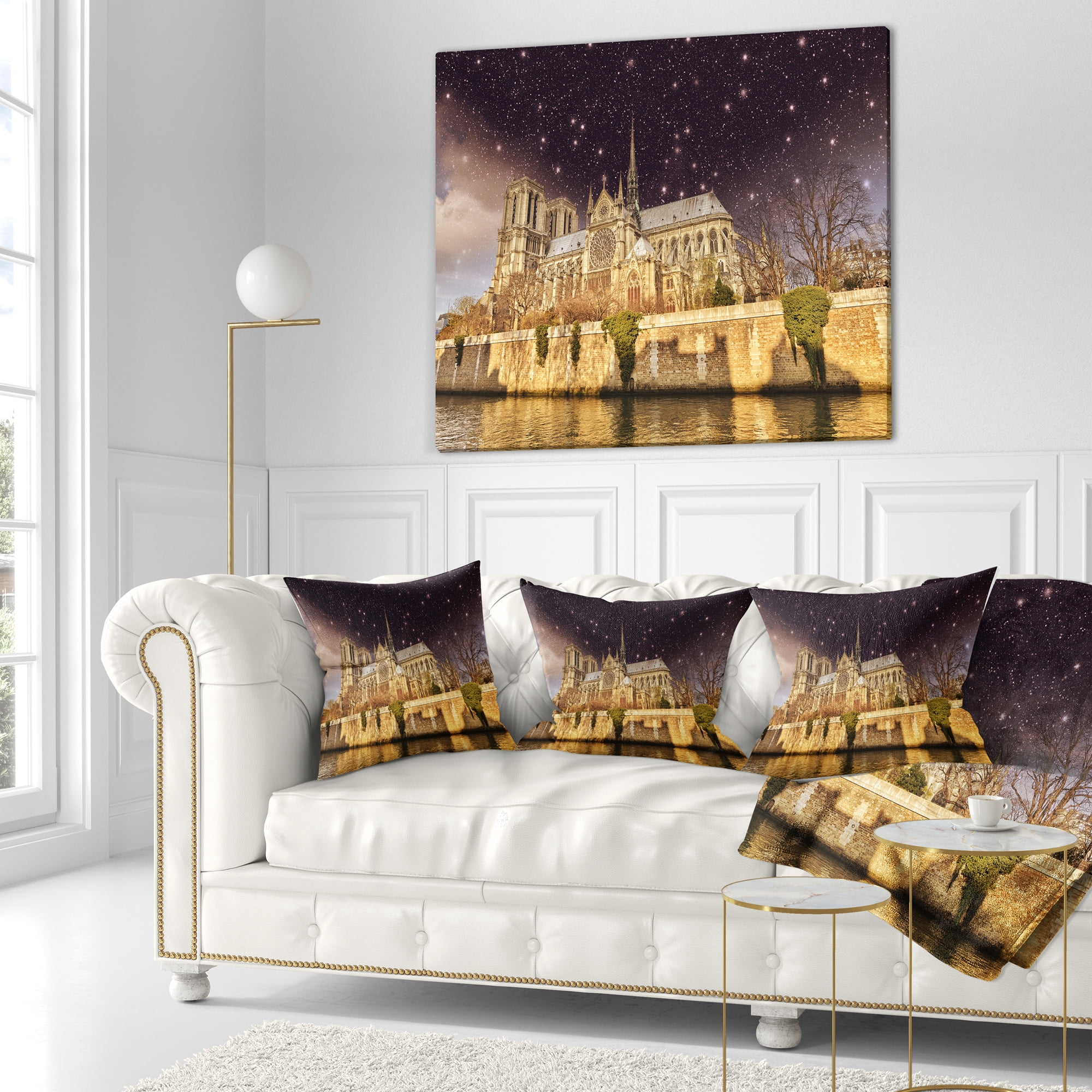 Designart Notre Dame Cathedral at Night - Cityscape Photo Throw Pillow - 16x16