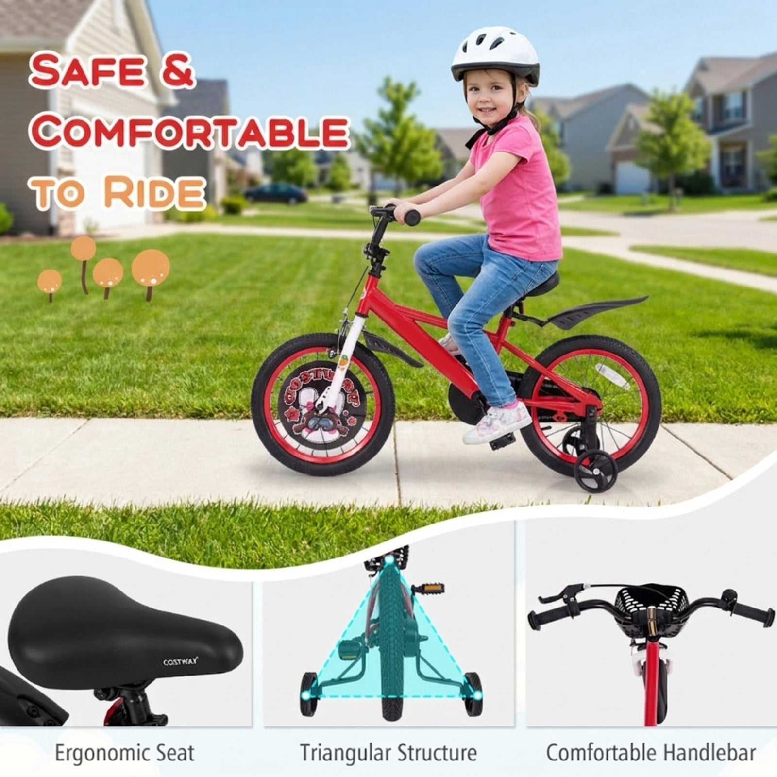 Redsmile Kids Bike 16 Inch with Training Wheels for Boys Girls Ages 4-8, Adjustable Kids Bicycle with Storage Basket, Double Handbrake and Coaster Brake, Carbon Steel Frame Youth Bike, Red