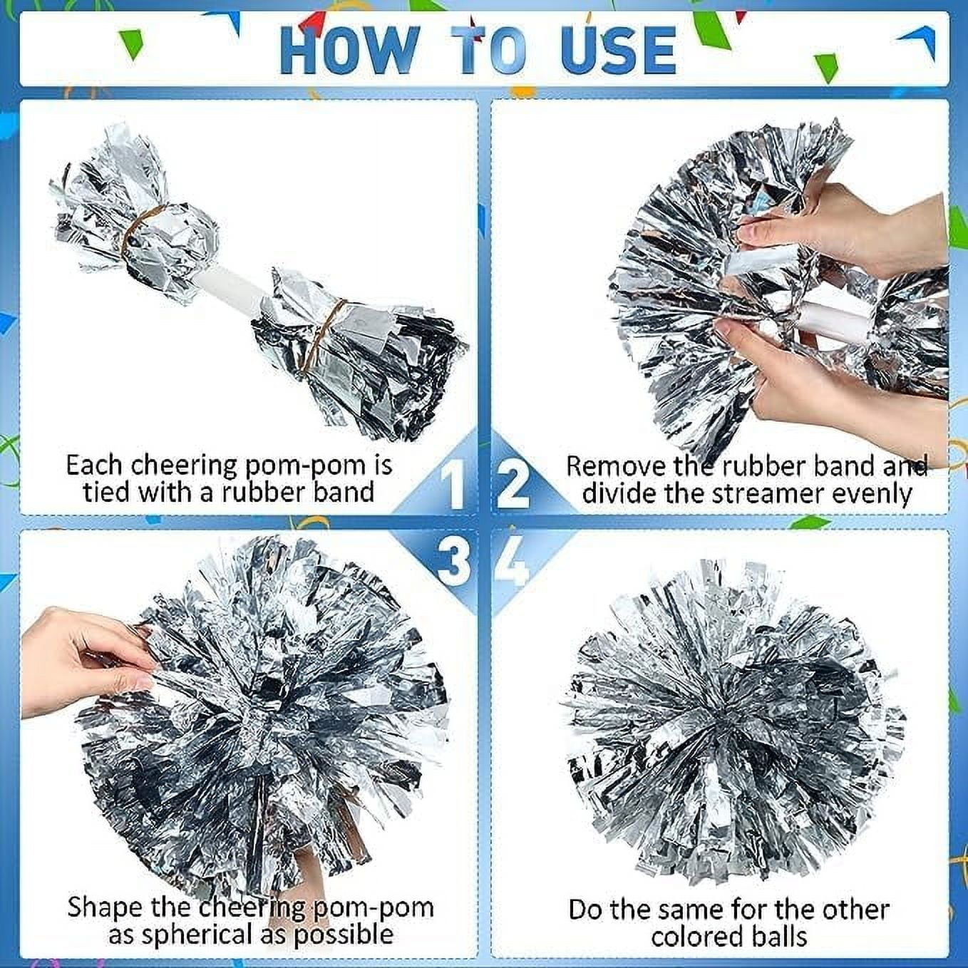 Metallic Cheerleading Pom Poms, 6Pcs Cheerleaders Cheer Pom Poms with Baton Handle, Cheering Squad Hand Flower