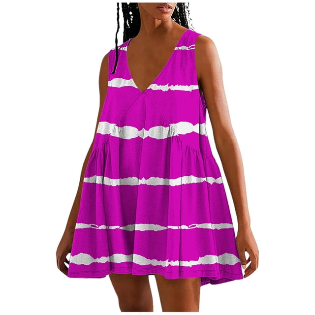 TSADFHJI Jupes pour Femmes Longueur Midi en Denim Débardeur Décontracté à Carreaux à Col en V Sans Manches avec Poches Robe Mini Robe pour Femme P Violet. Cette Robe Mini Sans Manches à Col en V en Violet Vif Présente des Rayures Blanches Teinture sur Nœuds Horizontales, une Coupe Ample et Fluide, et des Détails Froncés. Idéale pour une Tenue Décontractée, Elle Allie Confort et style, Convient à Diverses occasions.