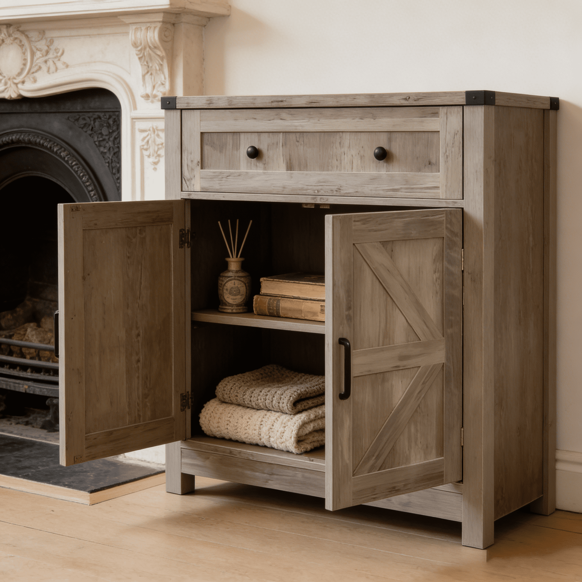 Leumius Washed Wood Farmhouse Barn-Door Storage Cabinet, Coffee Bar Buffet Sideboard with Drawer for Kitchen & Living Room Gray