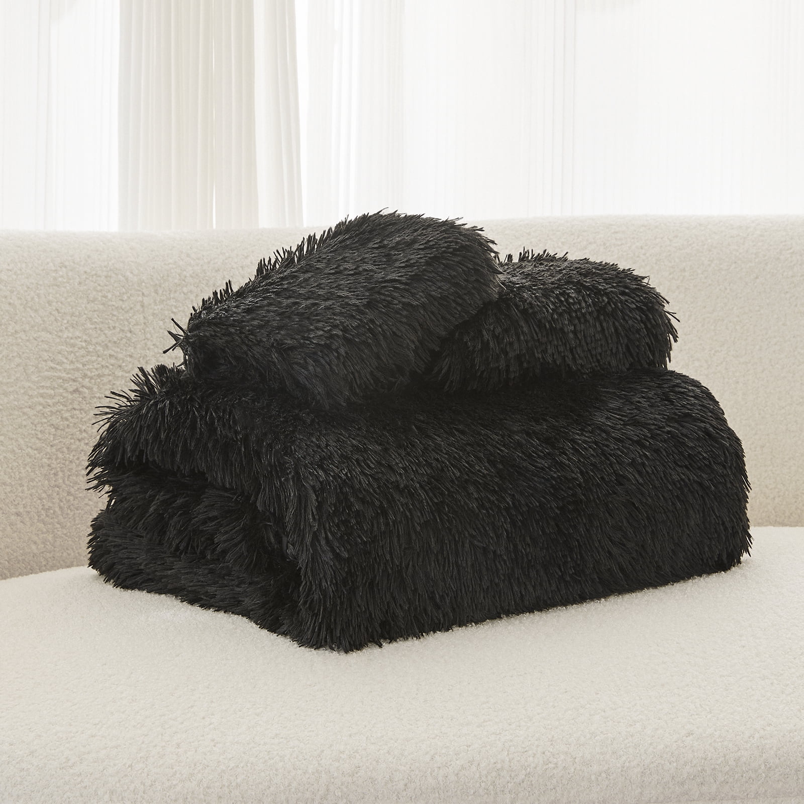 EMME Plush Fuzzy Twin Duvet Cover Set, Luxury Soft Faux Fur Velvet Fluffy Comforter Cover Set 2 Pieces Soft Warm and Durable, 1 Duvet Cover + 1 Pillow Case, Zipper Closure (Black,Twin)