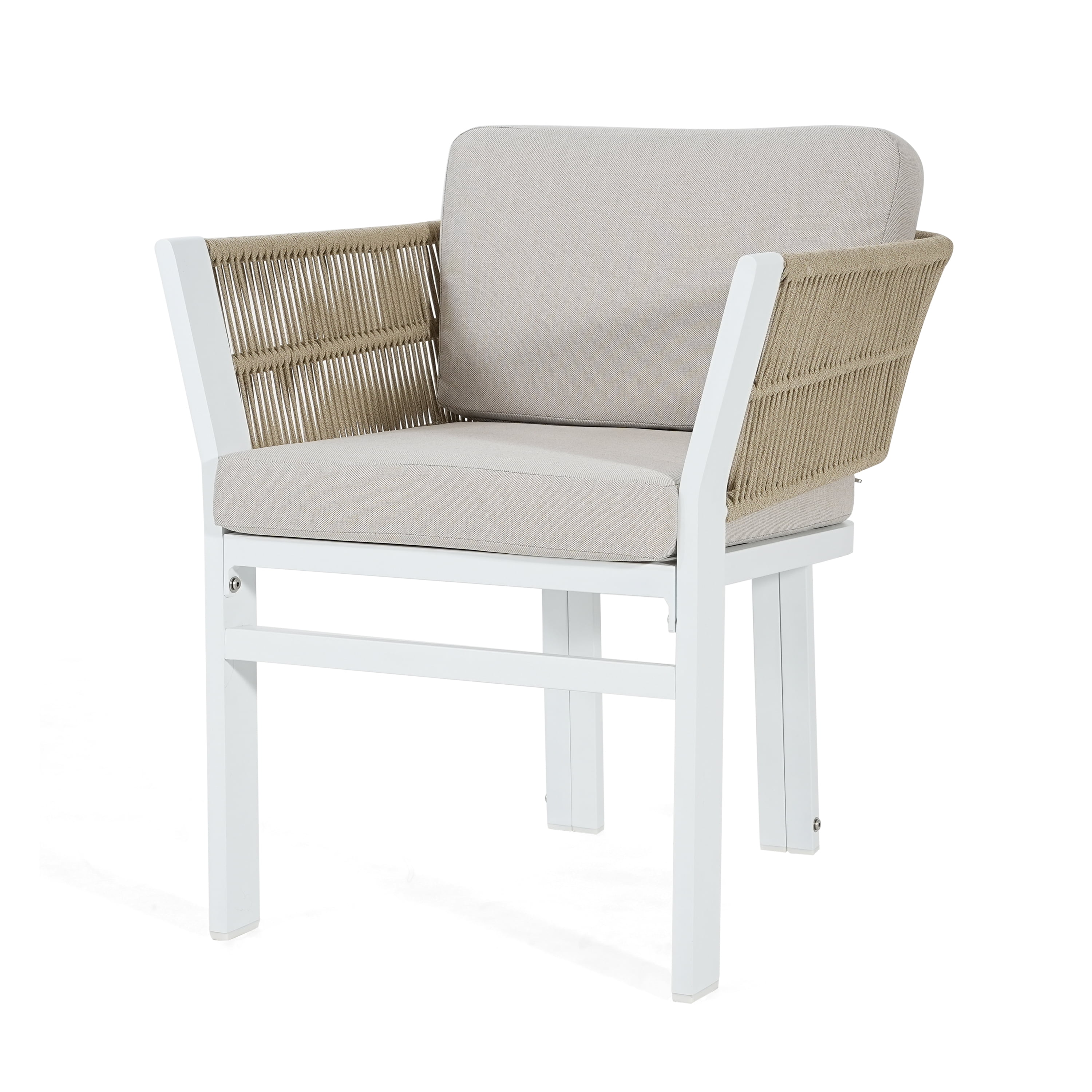 Outdoor Dining Chair Set of 2, White Aluminum Frame with Beige Cushion All-Weather Patio Seating, White