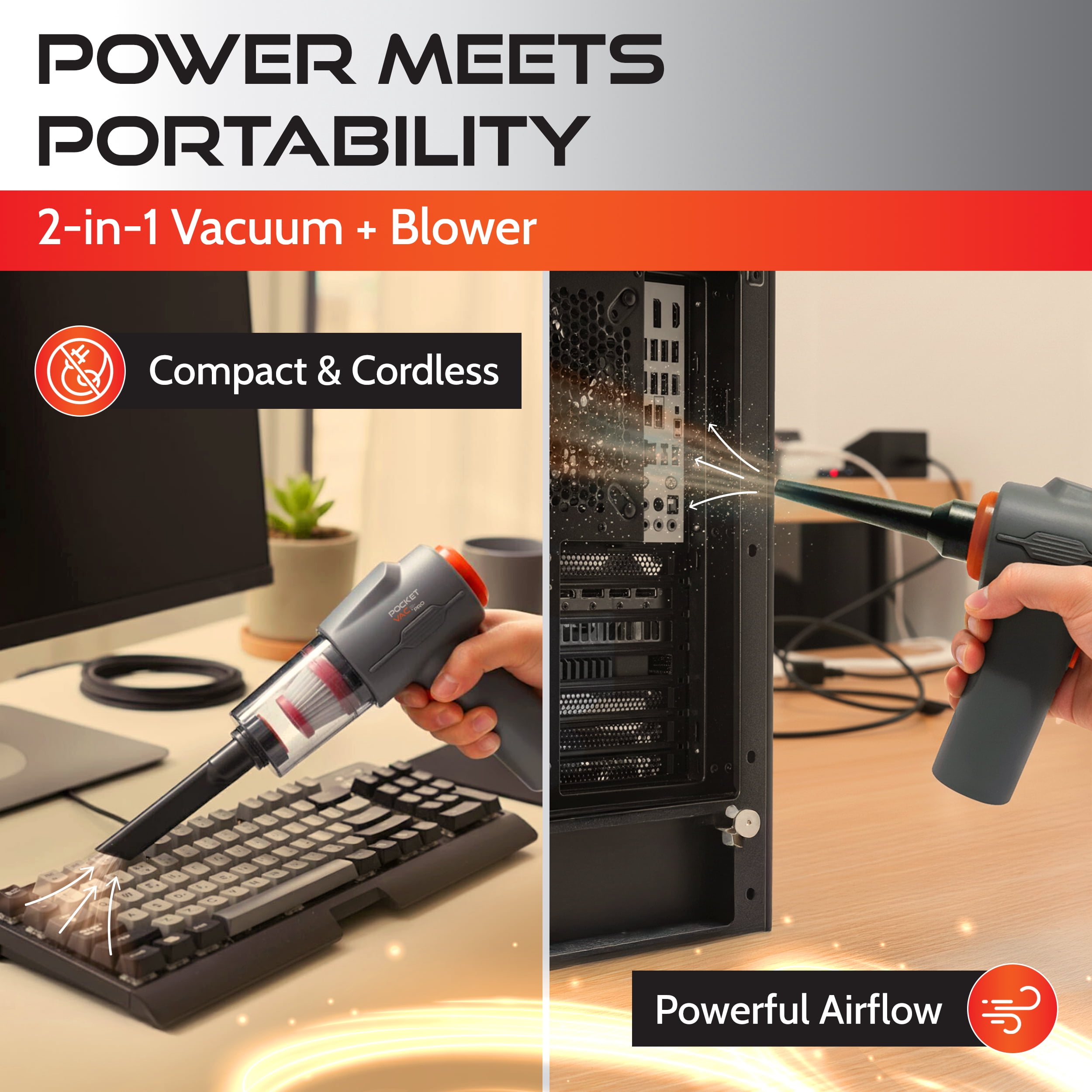 Pocket Vac Pro Cordless Handheld Vacuum , Blower with 3ft Telescoping Wand, USB Rechargeable