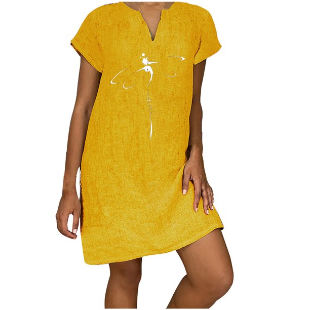 Vestido de cáñamo de bambú con estampado de cobertura suelta y cuello en V retro vintage de manga corta para mujer Fridja qw6010