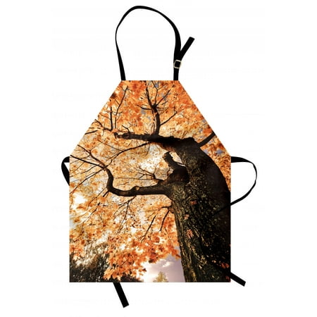 Forest Apron Body of Old Tree Seedling Botany Woodsy Roots Falling Maple Leaf Design Print, Unisex Kitchen Bib Apron with Adjustable Neck for Cooking Baking Gardening, Orange Brown, by