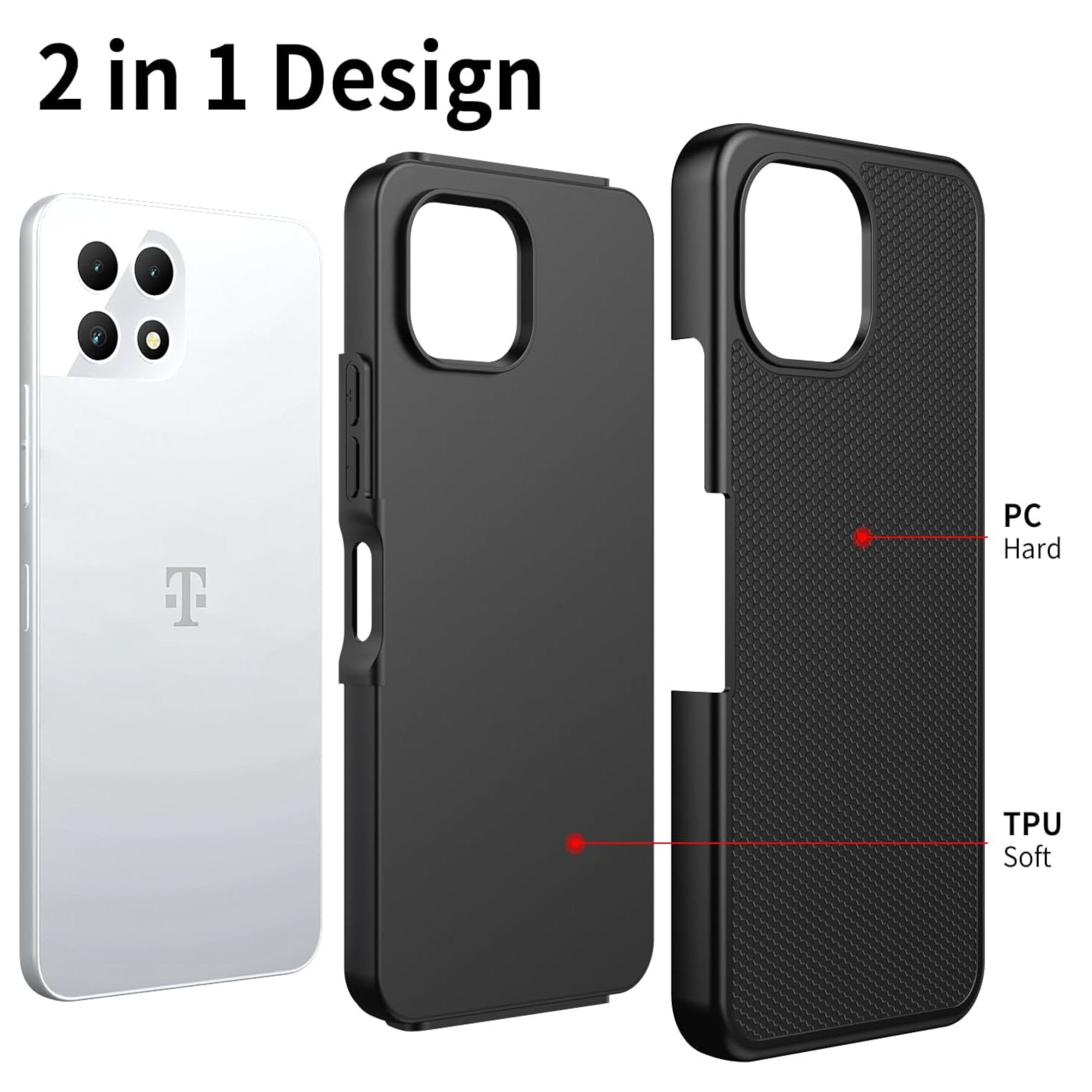 XPM for TCL K32 5G Dual Layer Slim & Tough Hybrid Shockproof Heavy Duty Rubber TPU Matte with Textured Rugged Shell Protection Phone Case Cover (Black)