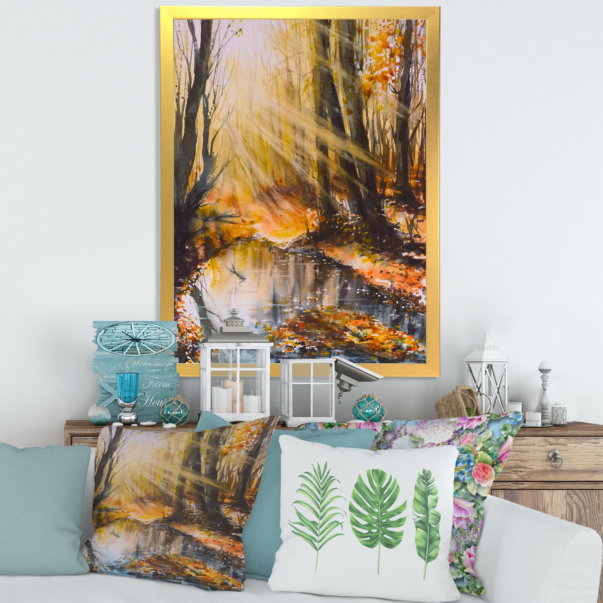 Designart 'Bright Sunshine Through The Brown Forest Trees' Lake House Framed Art Print
