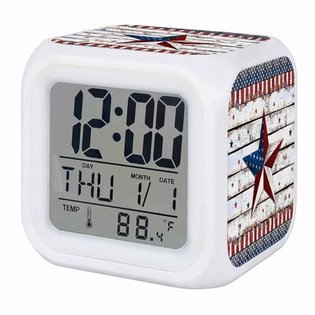 4th of July Star Digital Alarm Clock for Bedrooms, Smart LED Alarm Clock with 7 Color Changing Night Light, Independence Day American Flag Silent Wake Up Clocks for Sleep Study Cooking 3.2x3.2