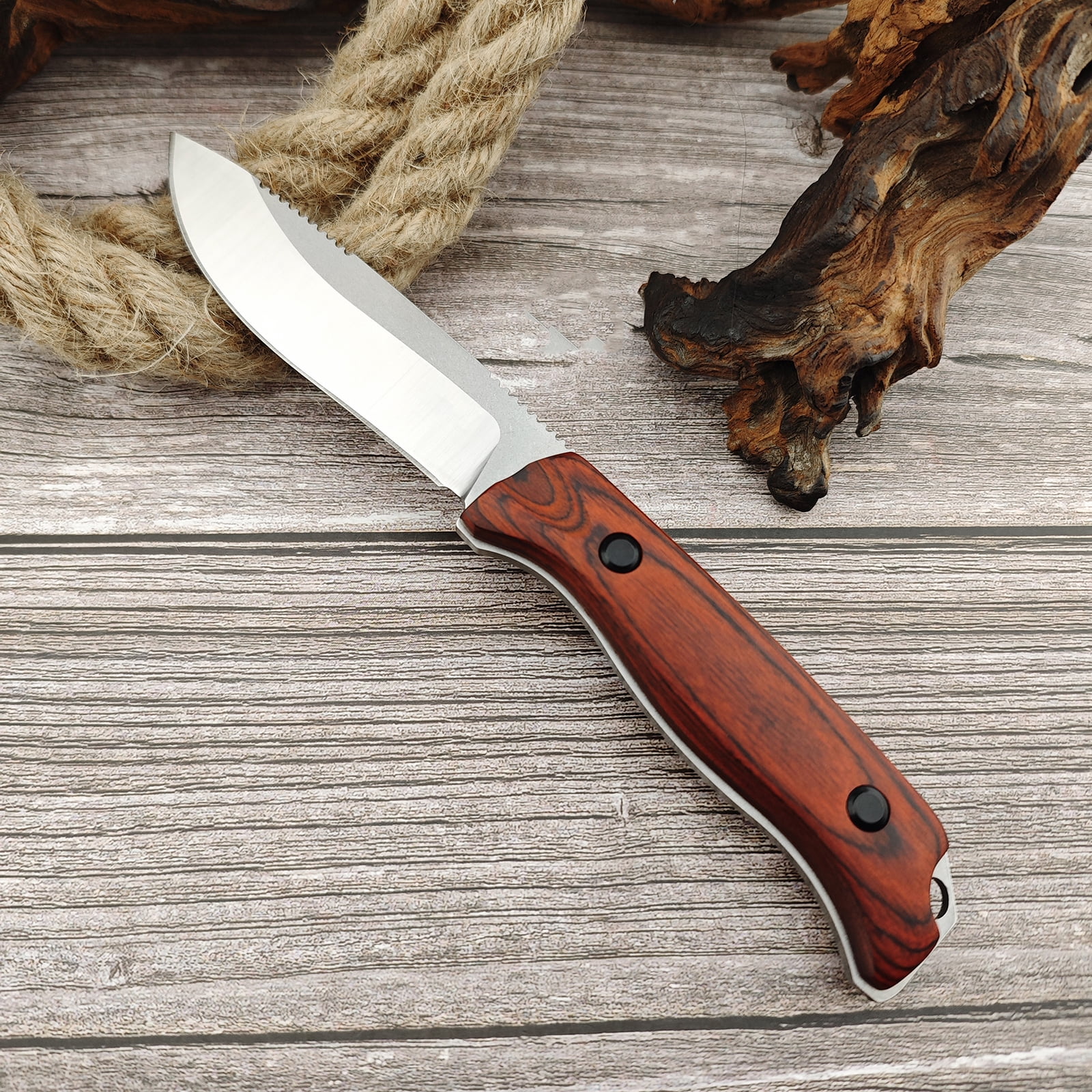 Fixed Blade Knife, Full Tang, Drop Point 440C Blade, Stabilised Wood Handle, Bushcraft Knife with Sheath for Camping, Outdoors