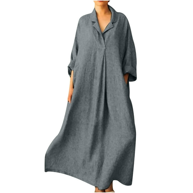 Robe Maxi en Coton pour Femmes Liquidation Unie Rétro Boho Vêtements Plage Manches Longues Boutonnée à Volants Superposés Évasée Vacances Été Col Rond Robe d'Été Gris G