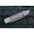 thumbnail image 2 of Handmade Damascus Steel Folding Knife With Engraved Steel Frame Olive Wood Handle Pocket Knife., 2 of 10