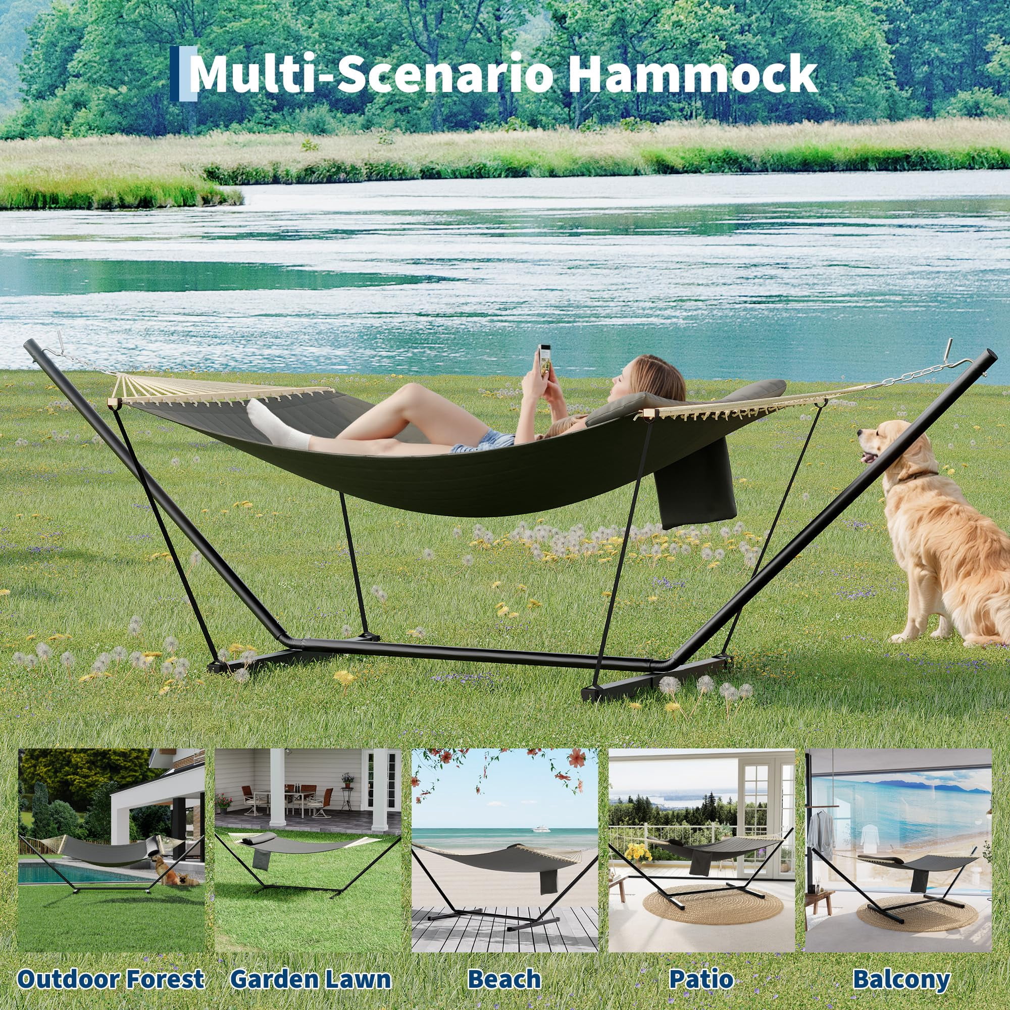 Double Hammock with Stand for Outdoor, Heavy Duty Portable 2 Person Hammock with Adjustable Steel Stand for Patio, Garden, Beach, Backyard