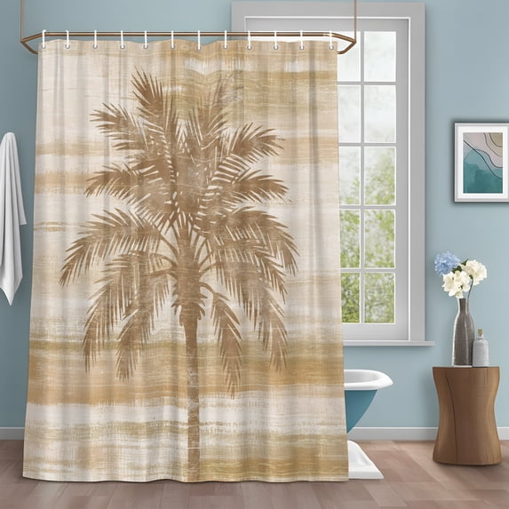Summer Beach Palm Tree Shower Curtain Set with Hooks, Coastal Nautical Tropical Ocean Brown Trees Leaf Water Repellent Shower Curtains for Bathroom Decor, Washable Sturdy Shower Curtain 72x84 Inch
