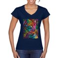 thumbnail image 1 of Colorful Cat Portrait | Cat Lover Owner | Dean Russo Art Animal Lover Womenâ€™s Standard V-Neck Tee, Navy, L, 1 of 5