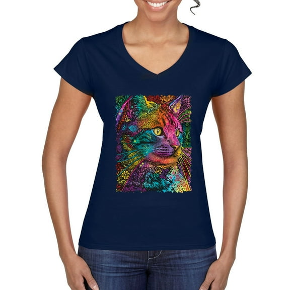 Colorful Cat Portrait | Cat Lover Owner | Dean Russo Art Animal Lover Womenâ€™s Standard V-Neck Tee, Navy, M