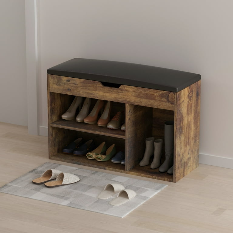 Walnut Upholstered Shoe Storage Cabinet with Door&Shelf Entryway