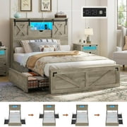 Twin XL Size Bed Frame with Headboard and Drawers, Farmhouse Twin XL Platform Bed Frame with LED Lights and Charging Station, No Box Spring Needed,Gray