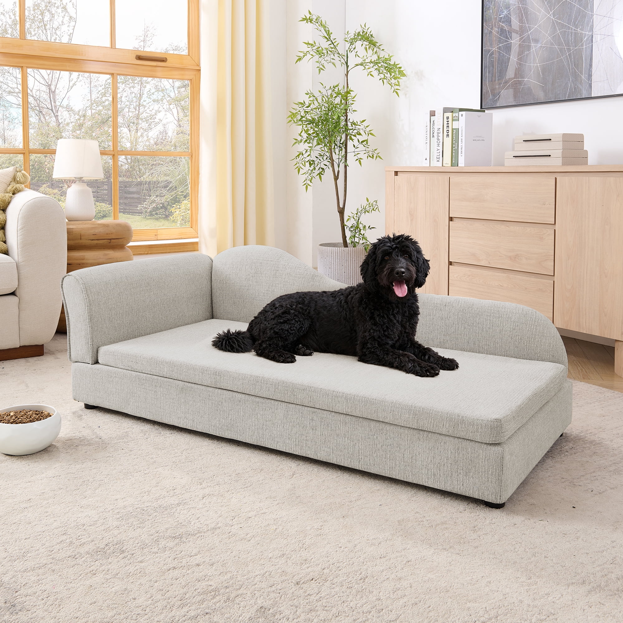 Oversized Pet Sofa for Medium/Large Dogs, Modern Irregular Wave Backrest, Single Armrest, Premium Breathable Linen Fabric, Soft Cushion & Low Plastic Feet, Beige