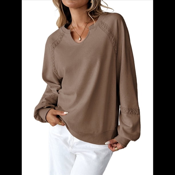 Sudadera Holgada Informal de Otoño para Mujer, con Cuello en V, Larga y Encaje, Estilo Farol, Estilo Corto Color Café XXL