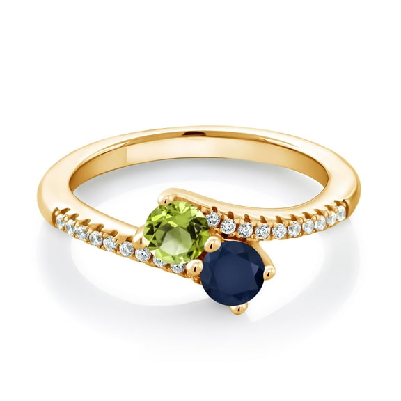Gem Stone King 18K Yellow Gold Plated Silver Green Peridot and Blue Sapphire Bypass Ring for Women | 0.89 Cttw | Gemstone Birthstone | Round 4MM | Wedding Engagement Anniversary Ring | Size 7