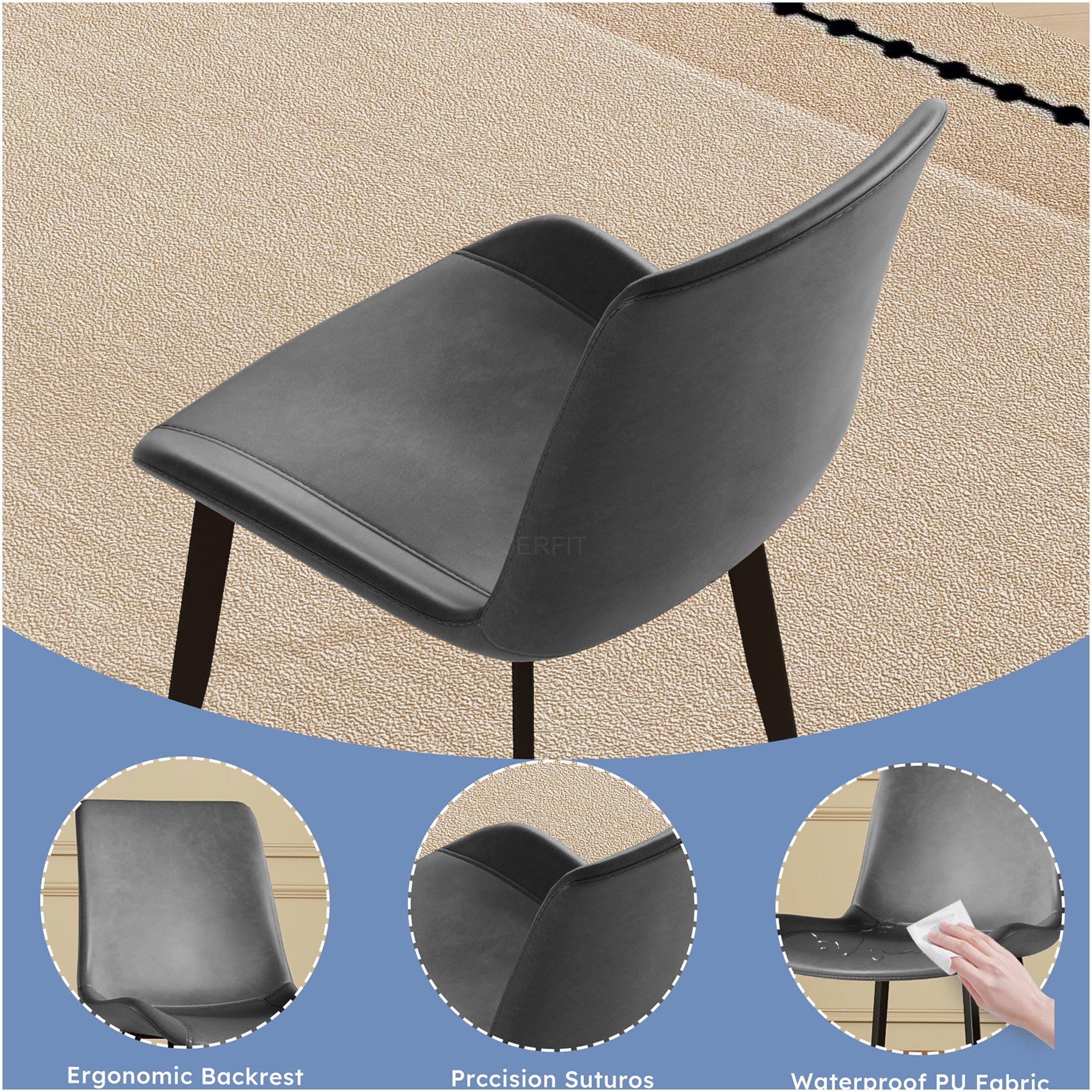 JERFIT Modern Dining Chairs Set of 4, Gray PU Leather Upholstered Kitchen Chairs with Sturdy Metal Frame for Dining Room