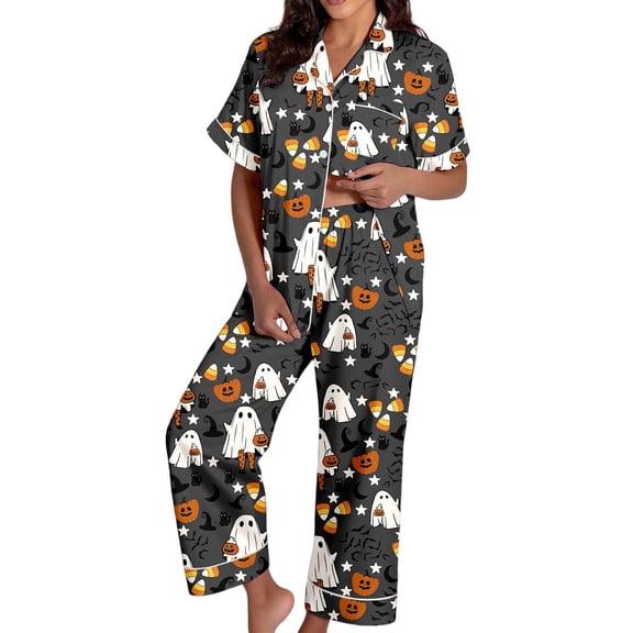 Halloween Pjs Women Short Sleeve Button Down Shirt Pants Fall Winter Satin Silky Sleepwear 2 Piece Pajama Set for Women Black L