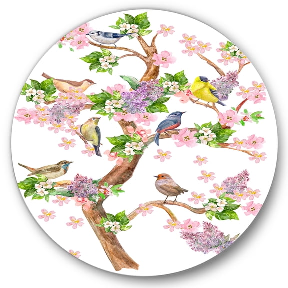 Designart 'Tree With Colorful Birds Sitting On Flowering Branches' Traditional Circle Metal Wall Art 36x36 - Disc of 36