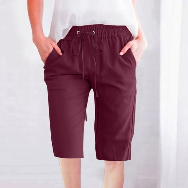 Puntoco Pantalones De Tres Cuartos Rectos De Pierna Ancha Informales Sueltos De Algodón Y Lino Con Cordón De Color Liso Para Mujer Con Bolsillos Borgoña Xxl, Regalo Para Mujer