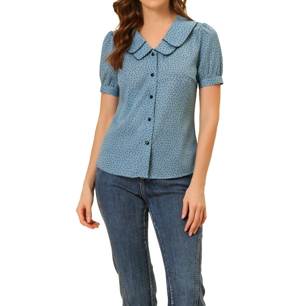 INSPIRAR CHIC Blusa Vintage para Mujeres con Lunares, Cuello Peter Pan, Mangas Cortas Abullonadas, Talla XS, Azul