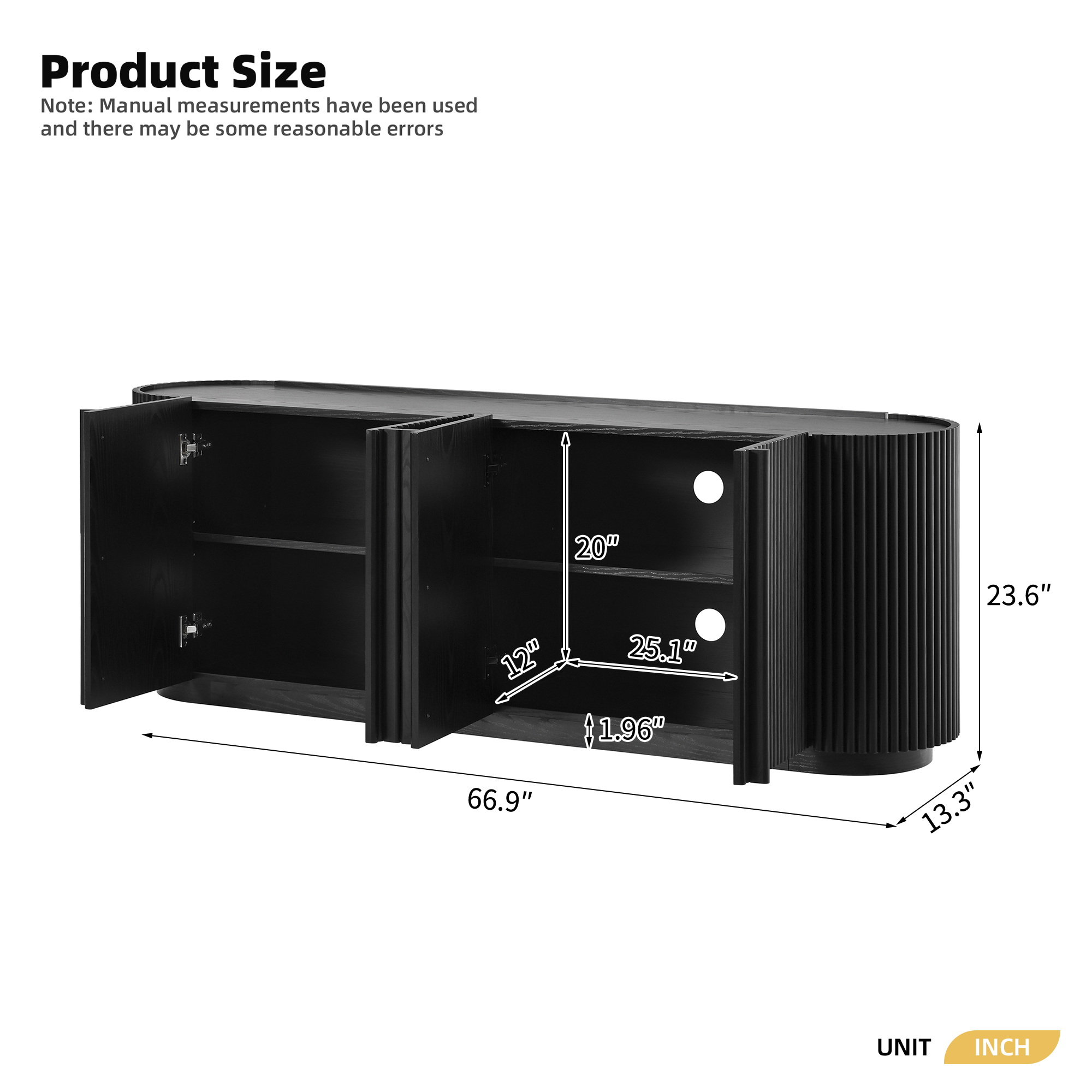 Leumius Mid Century Wood TV Stand with Fluted Tambour-Style Door, Farmhouse Media Console with Adjustable Shelves, Curved Edge TV Cabinet with Cable Management for Living Room, Black