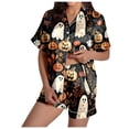 thumbnail image 3 of FASHOFT Silk Satin Halloween Pajamas for Women Set Funny Ghost Pumpkin Printing Short Sleeve Sleepwear Button Down Pjs Loungewear Beige L, 3 of 8
