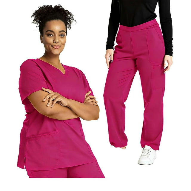 Pisexur Sarraus pour Femmes Extensibles à Col en V, Haut à Manches Courtes et Pantalon Cargo, Ensemble de Sarrau Classique de Couleur Unie, Haut et Pantalon avec 6 Poches, P-2TG, Rose