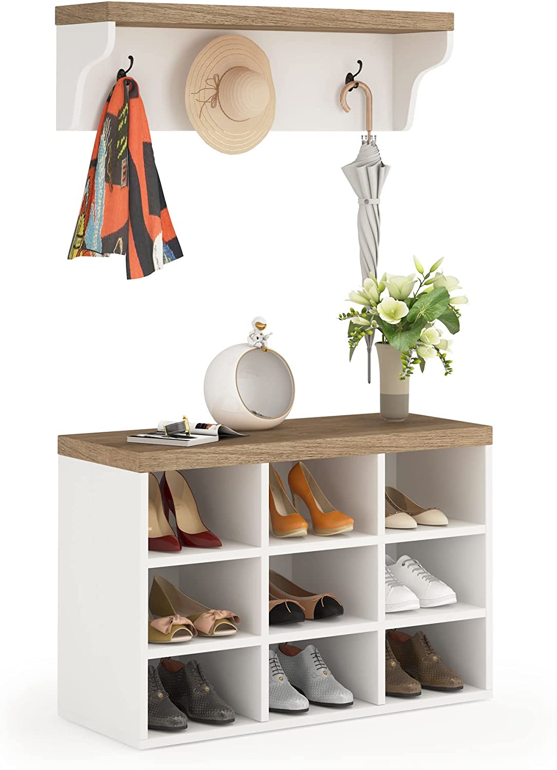 Tribesigns Coat Rack Shoe Bench Set with Cube Storage and 3 Hooks for